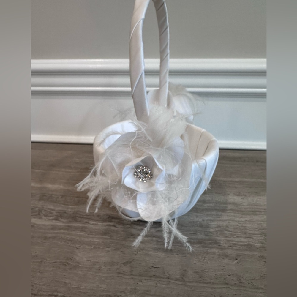 Custom White Flower girl Basket with Rhinestone Brooch, feathers and ve…